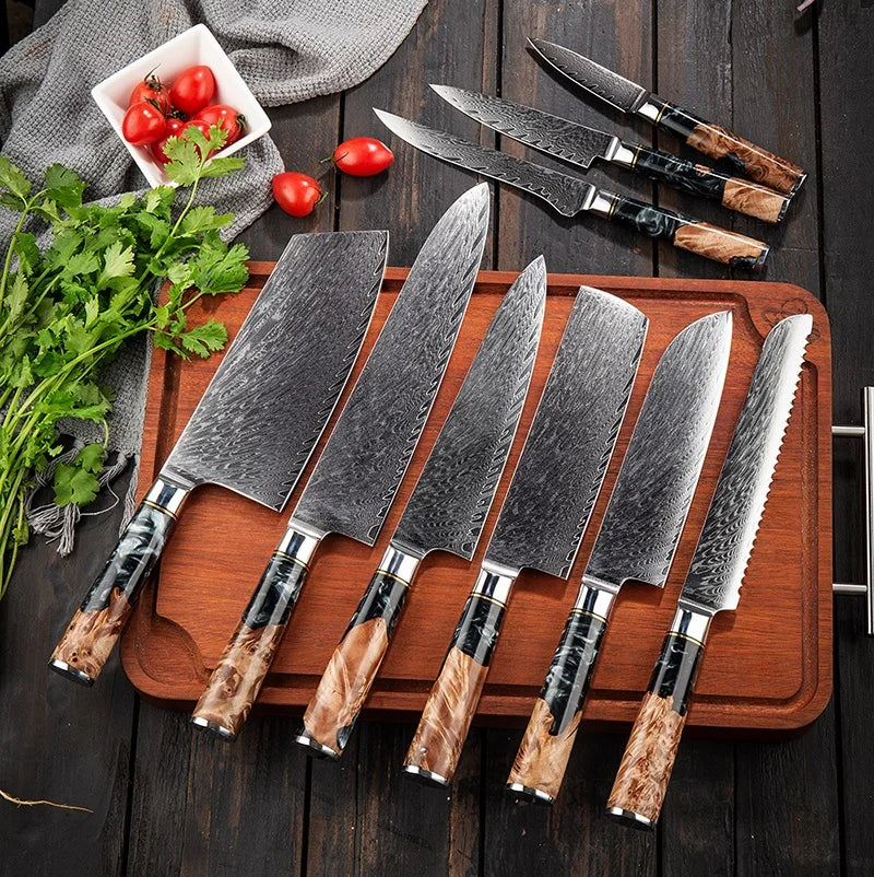 9Pcs Knife Set JDH Damascus Kitchen Knife 67 Layers Damascus Steel with Black Resin Wood Handle