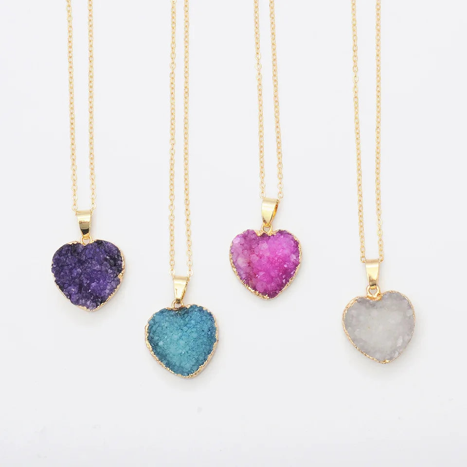 Healing Reiki Druzy Rose Quartz Gemstone Pendant Spiritual Heishi Energy Birthstone Crystal Heart Pendant for Jewelry Making