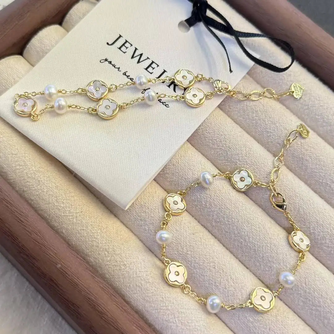 Natural Freshwater Near Round Potato Pearl Bracelet 4-5mm Girls' Jewelry with Clover Element Inlaid Shell Near Round Bracelet