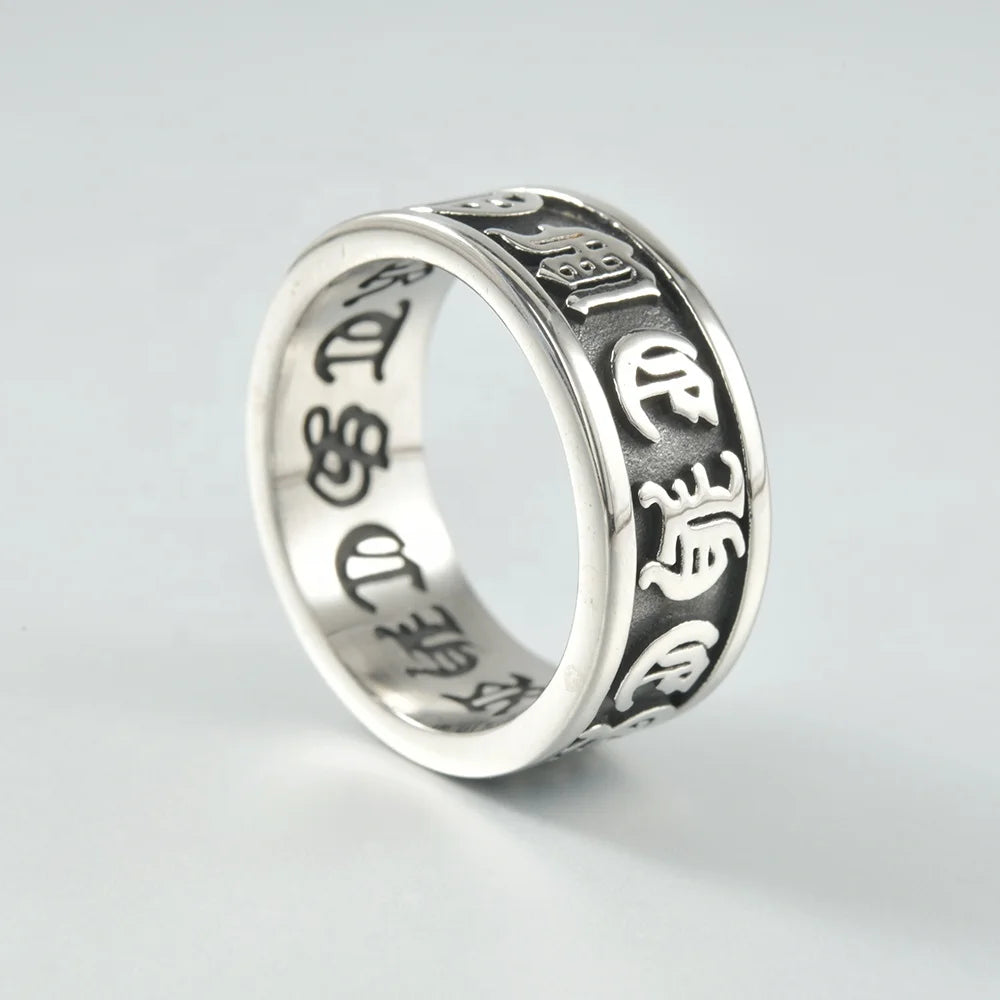 316L Stainless Steel Black Gun Plated Vintage Women's Thumb Ring with Six Characters Mantra Sanskrit Design