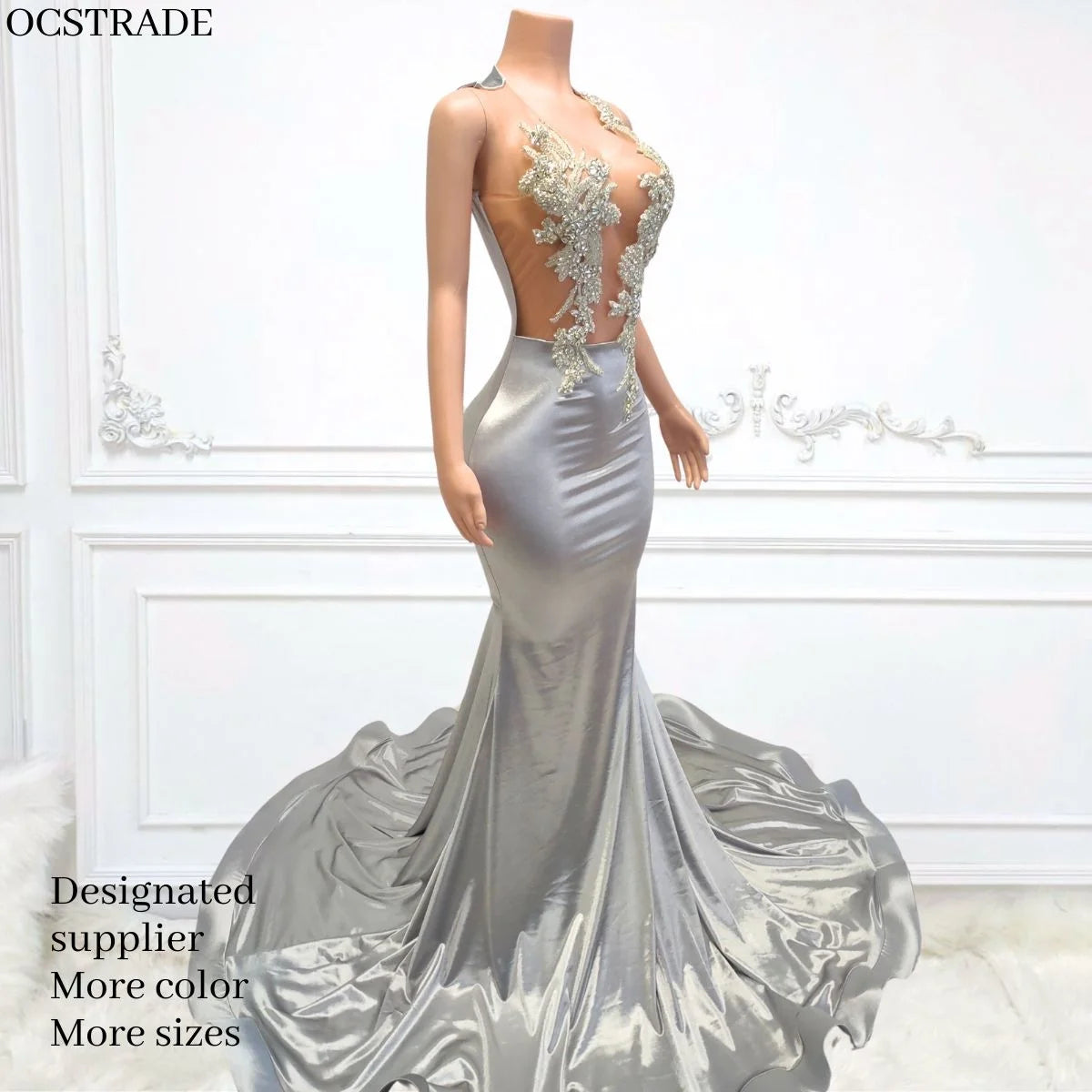 Ocstrade New Sleeveless Ball Gown Long Prom Dresses 2024 Elegant Silver Rhinestone Diamond Luxury Evening Dresses for Women