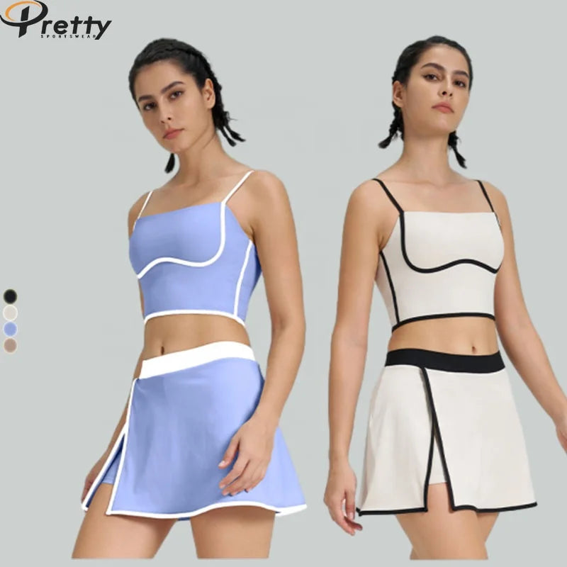 Lady'S Yoga Sets Contrast Color Vest With Chest Pads Fitness Women  Ladies Sportswear Tennis Clothing Tennis Skirt With Shorts