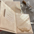 Unique Gold Foil Clear Acrylic Wedding Invitation With Rsvp Card Envelope and Velvet Folio Hardcover Blind Deboss Logo