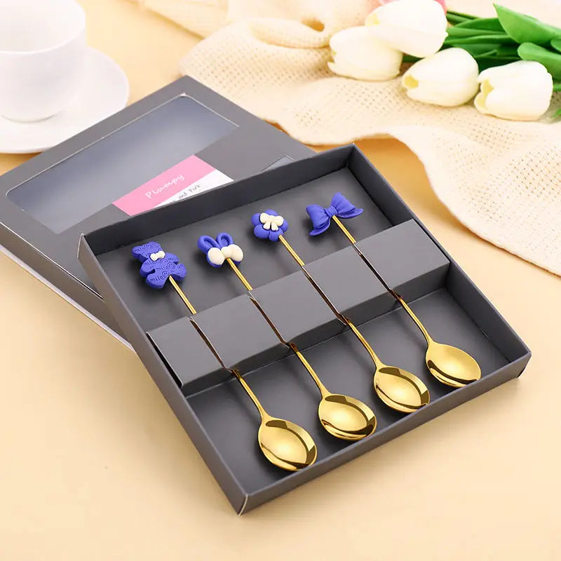 Cute Cartoon Shape Custom GiftBox Spoon Korean Stainless Steel Gold Dessert Tea Coffee Spoon Set