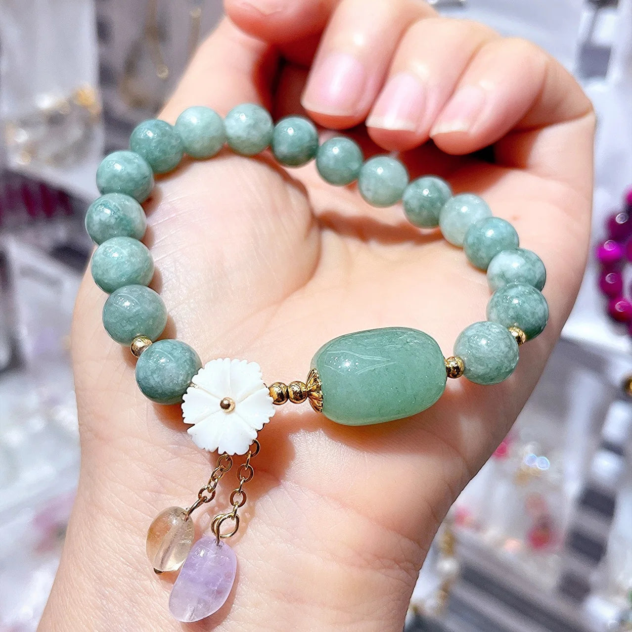Braccialetto  Jade Female Burmese Aventurine Gourde Beaded Bracelet Bangles Natural Burma
