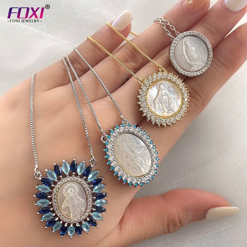 Wuzhou foxi Jeewlry Wholesale Religious Pendant Virgin Mary Color Cz White Shell Necklace