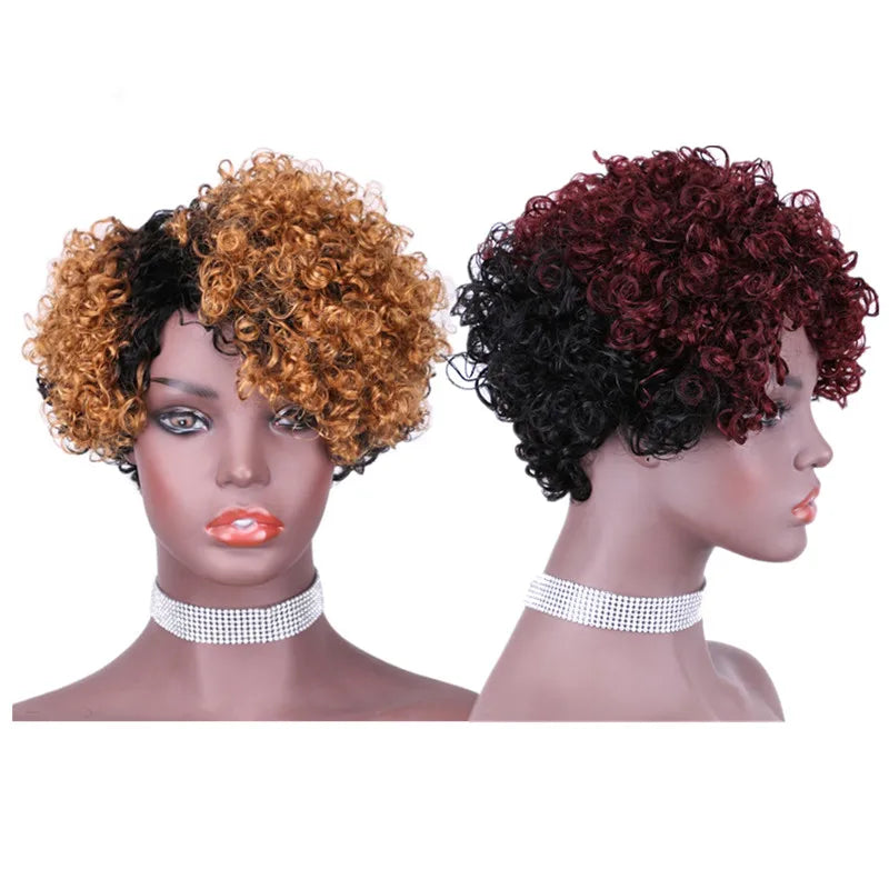 Real Human Hair Wig Short Hair Woman Color Lace Front India Afro Kinky Curly Pixie Cut Short Bob Wigs