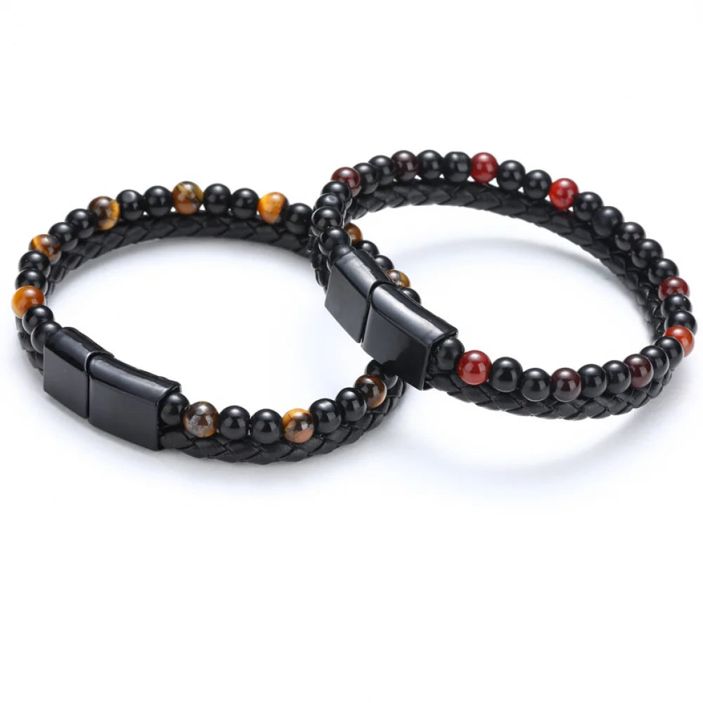 Hot Sale Natural Tiger Eye Stone Leather Woven Multilayer Bracelet Magnet Buckle Double Row Bracelet