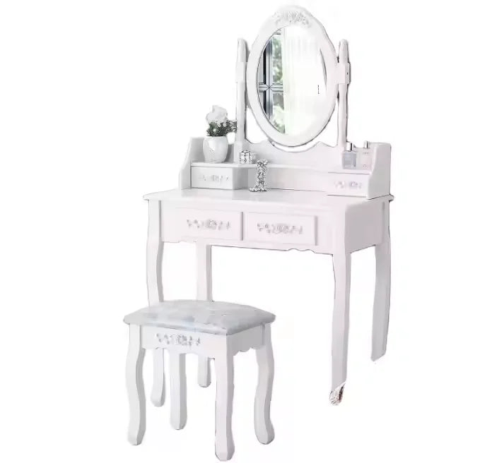 Customized Modern Minimalist Wooden Dresser Set with Makeup Oval Mirror and 4 Drawer Dressing Table