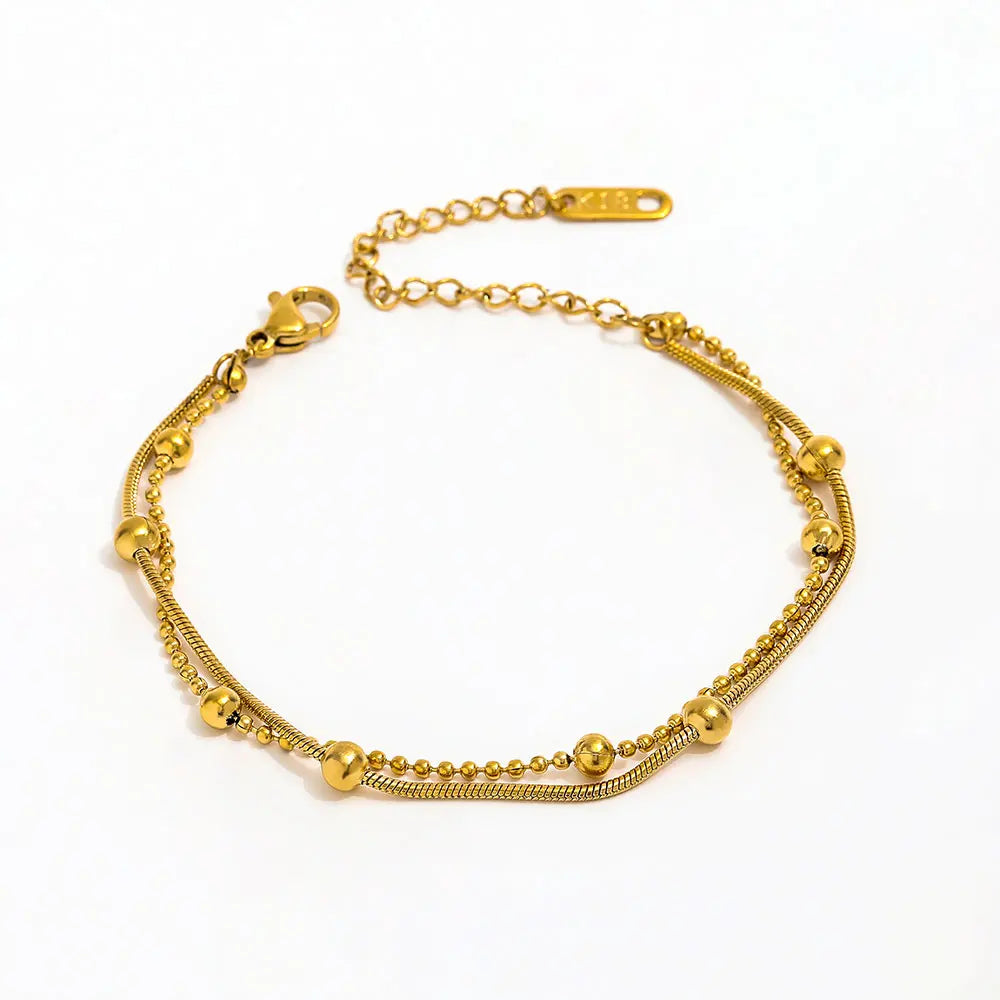 Fenny 18K PVD Gold Plated Wholesale No Fade Versatile Double Layers Beads Snake Mixture Chain Stainless Steel Bracelet for Women