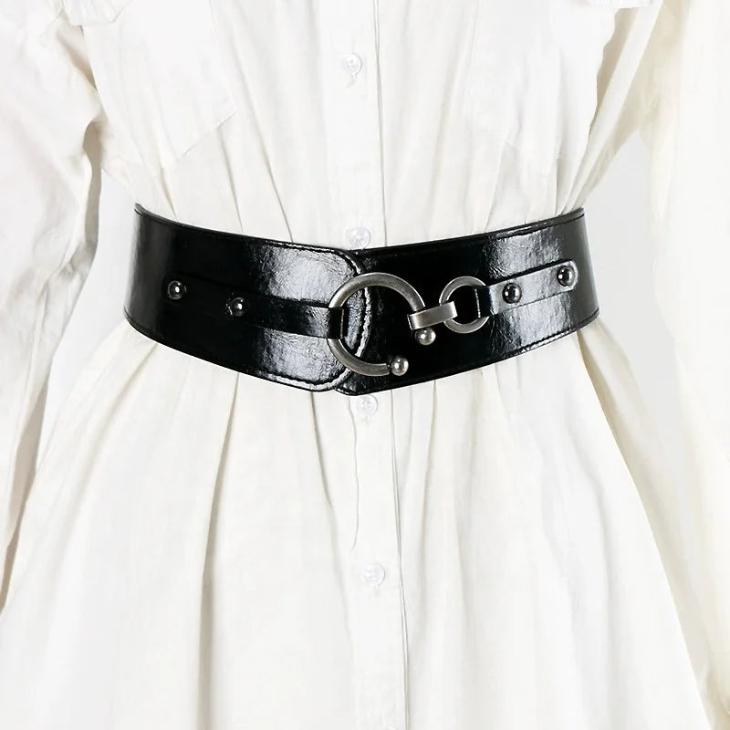 Retro Style Ladies Waist Outer Belt Cow Hide Genuine Leather Elastic Wide Waistband Custom Length Woven Technics Alloy Buckle