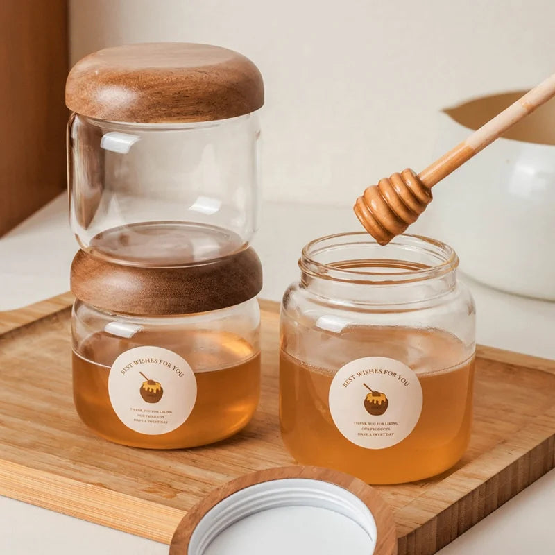 Kitchen Hand Blown Small Round Sealed Tea Food Containers High Borosilicate Glass Storage Jars Honey Bottles With Wooden Lids