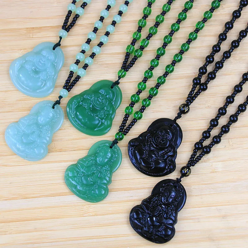 Wholesale Men's Glass Buddha Necklace R.GEM. Maitreya Guanyin Buddhism Carving Lucky Charm Bead Chain Pendant for Anniversary