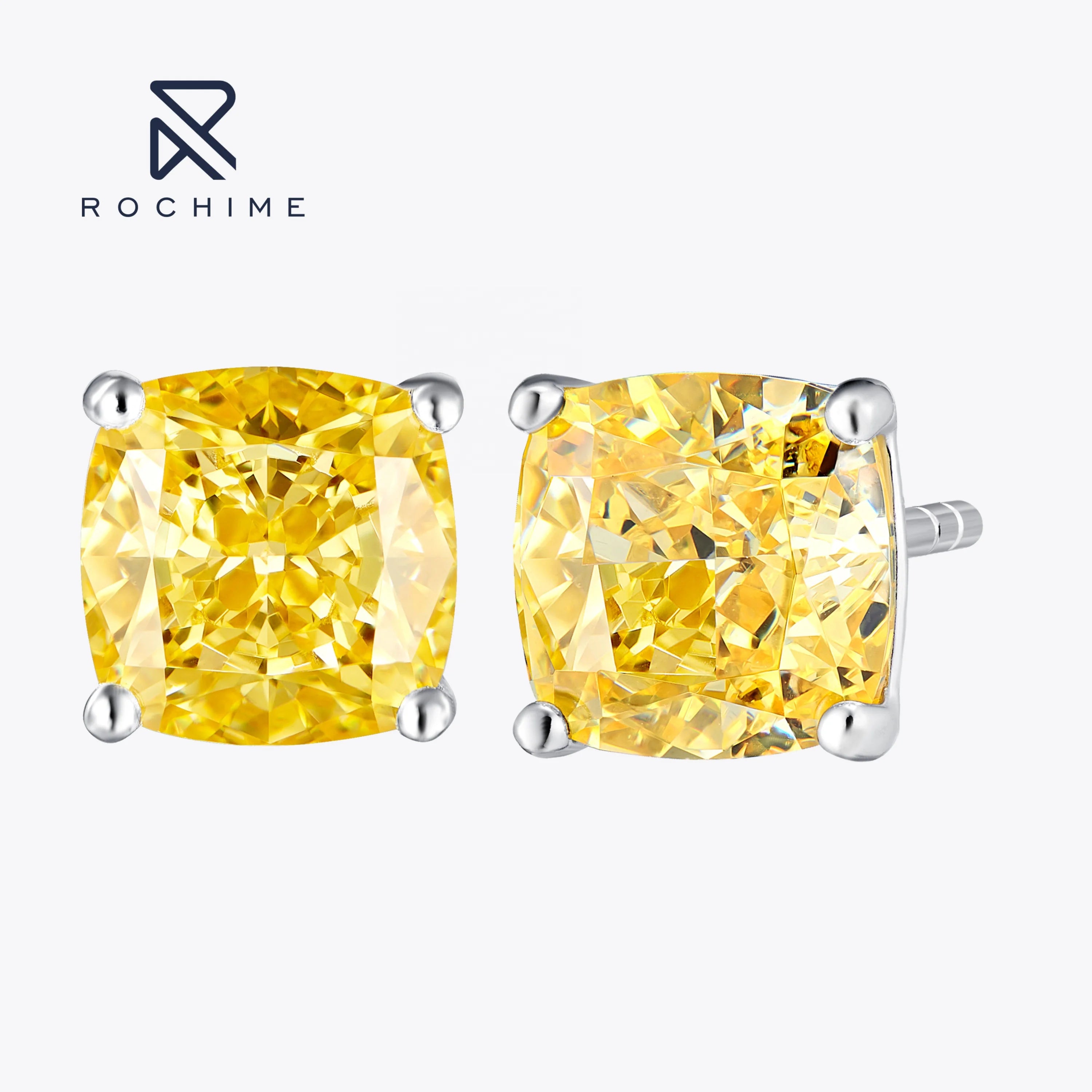 Rochime Cushion Cut Yellow Gemstone  Stud Earrings  S925 Silver Gold Plated 5a Zircon Jewelry for Women