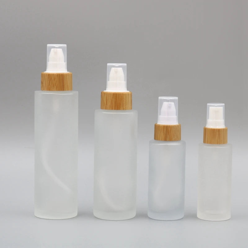 Bamboo Cosmetic Packaging Skincare Lotion Bottles Cream Jar Frosted Glass Pump Bottle Set Spray Cap Custom Color for Lotions
