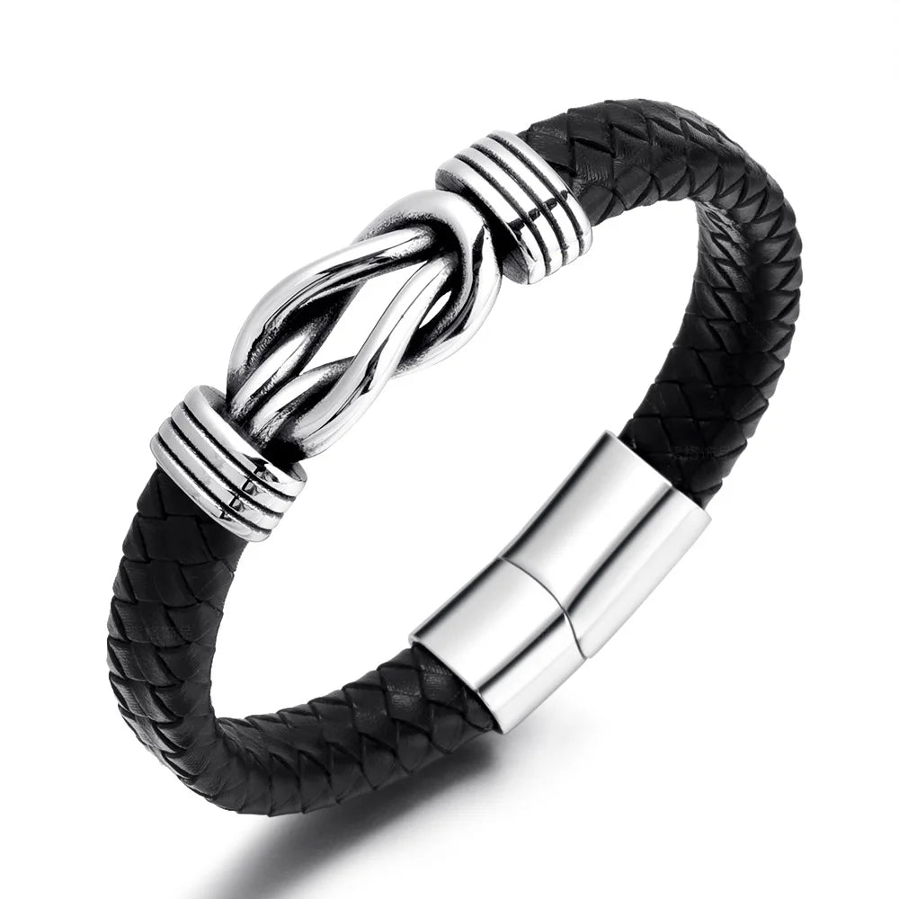 High Quality Hot Selling Retro Creative Twist Hand Woven Leather Bracelet Stainless Steel Magnetic Clasp Men's Bracelet