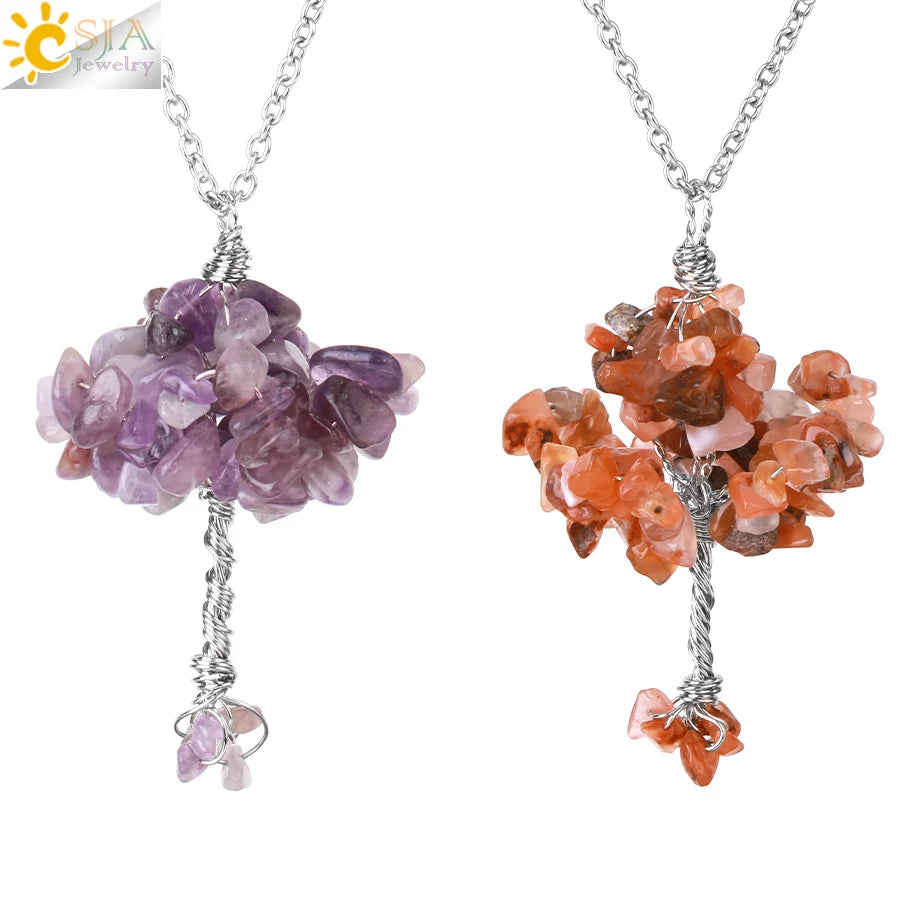CSJA New Handmade Copper Wire Winding Tree of Life Unique Gravel Chip Crystals Gemstone Necklaces H075