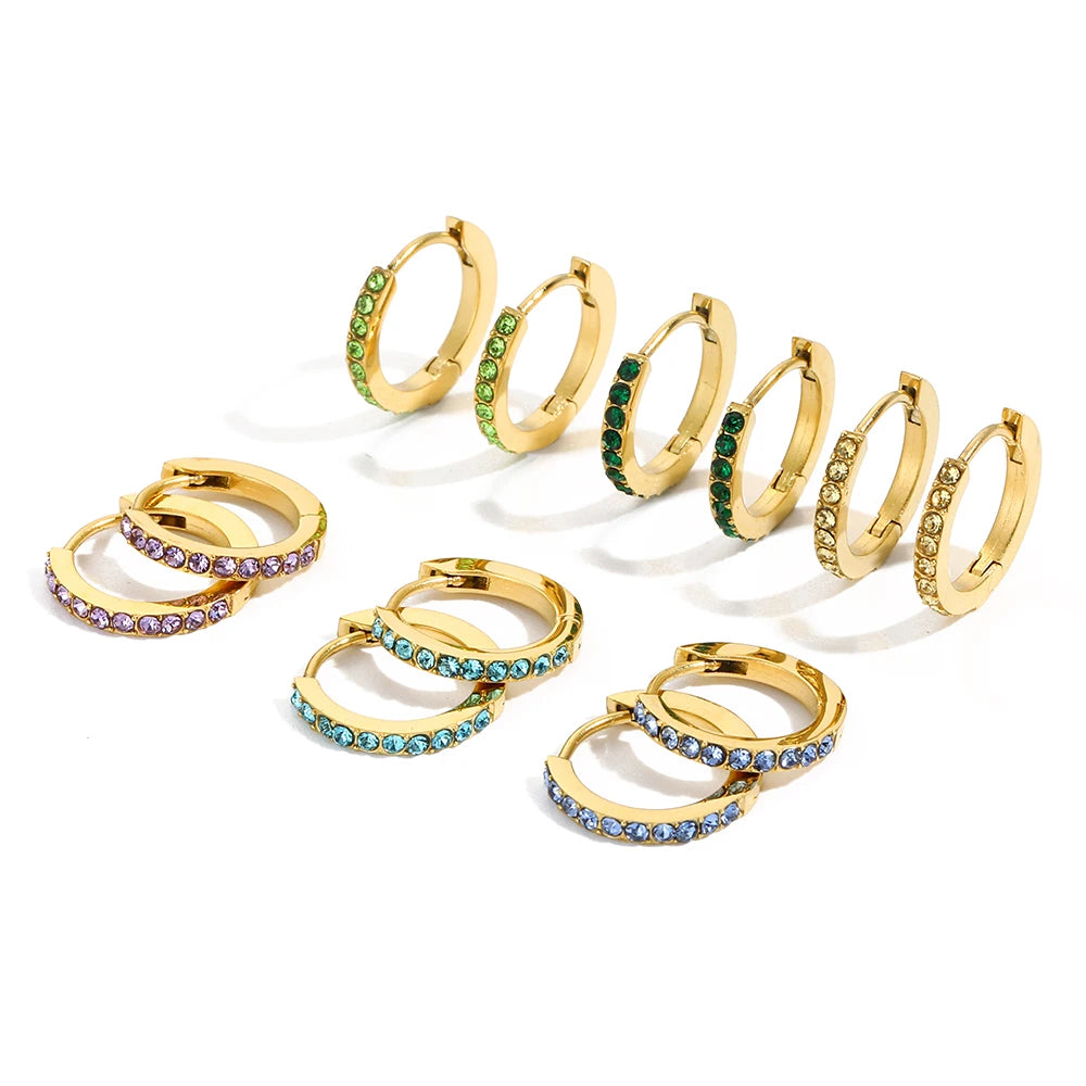 EManco Hypoallergenic Stainless Steel 12 Colors Birthday Stone Gold Plated Pierced Classic Diamond  Hoop Earrings for Women
