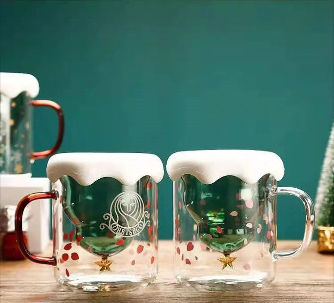 Borosilicate Glass Christmas Gifts Mugs Double Wall Glass Christmas Tree Design Drinking Cups