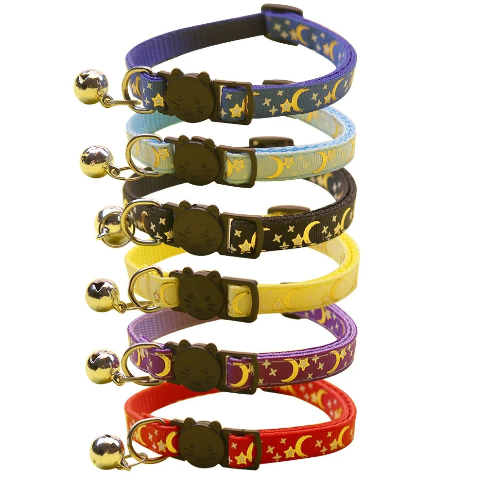 Popular Small-Size Cat Dog Training Collar Soft Reflective Bronze Printed Moon Buckle Bell Ribbon Quick Release Wholesale
