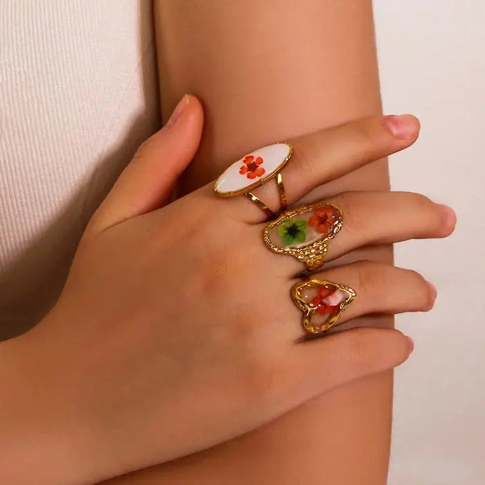 Wholesale Fashion Stainless Steel Hypoallergenic Gold Plated Open Drip Oil Colour Flower Ring Jewelry Women Girls