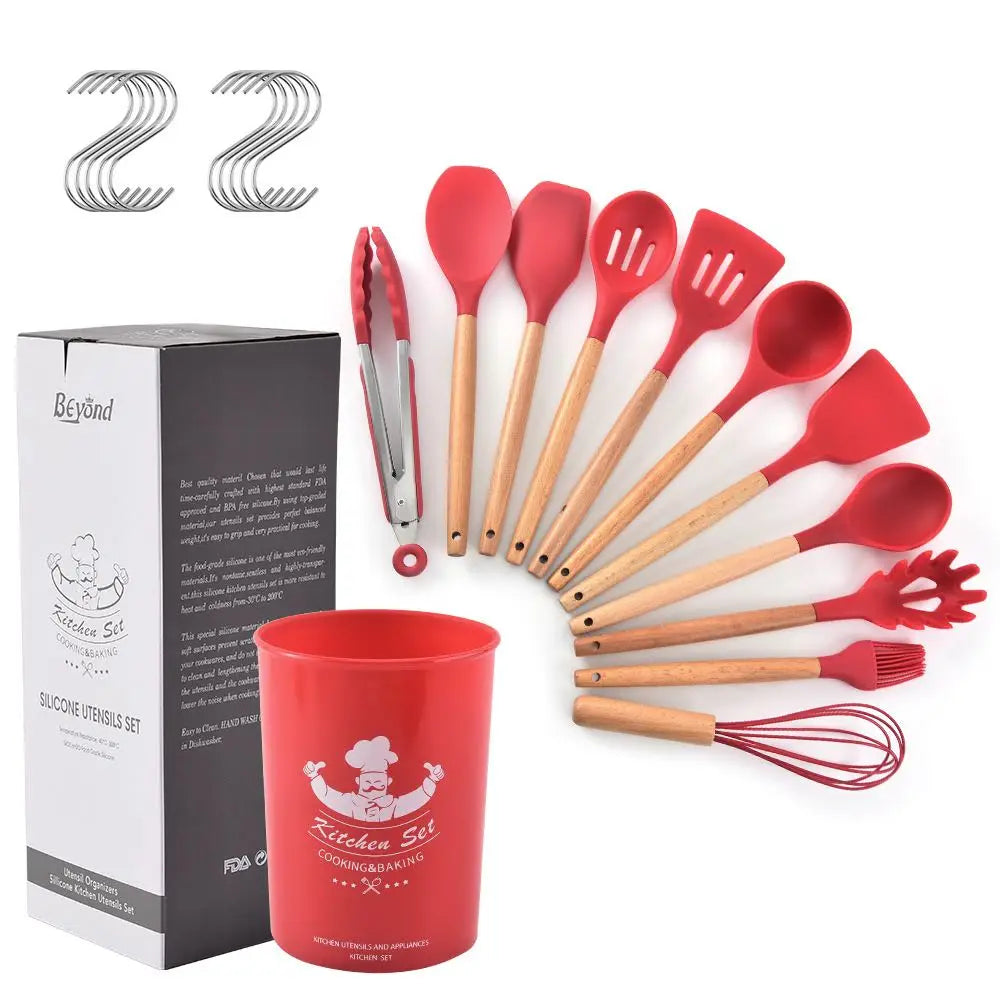 Non-stick Kitchen Utensil Set 11PCS Silicone Wooden Cooking Utensil Set With Holder Wooden