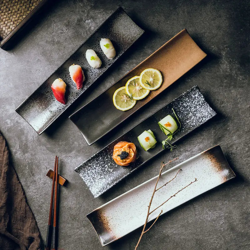 Japandi Rectangular Porcelain Dinnerware Restaurant Sushi Plate 11 Inch Boat Shape Ceramic Stoneware Food Plates Serving Tray