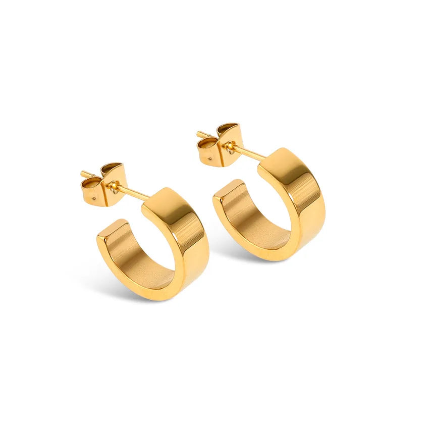 French INS Simple C-shape Smooth Flat Wide Stainless Steel High Polished 18K Gold Plated Hoop Earrings Unisex