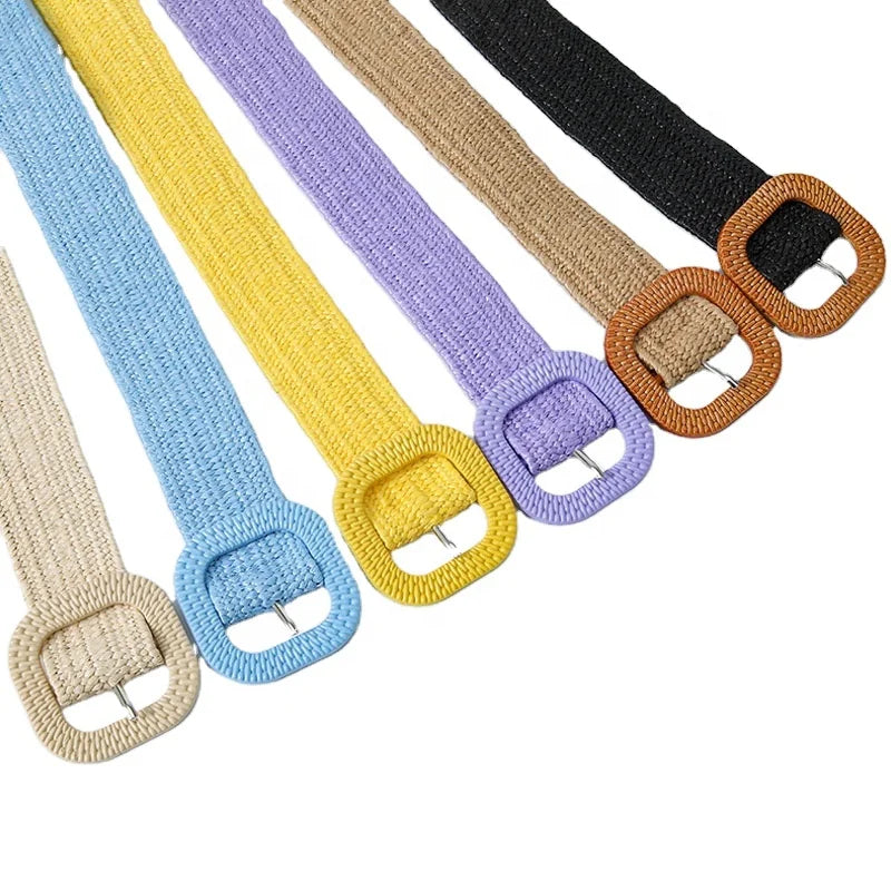 Wholesale Korean Style 4.0 CM Wide PP Straw Knitted Design Square Plastic Pin Buckle Women's Waist Belt 95 CM Long