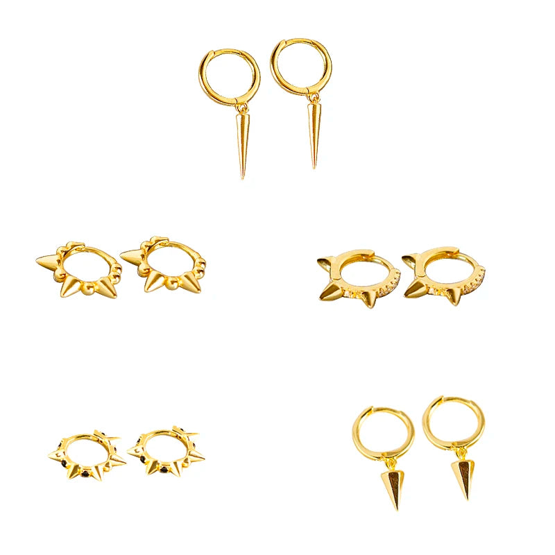 Tiny Gold Plated Hoop 925 Silver Jewelry Women Mens Punk Triangle Geometric Rivet Spike Earrings