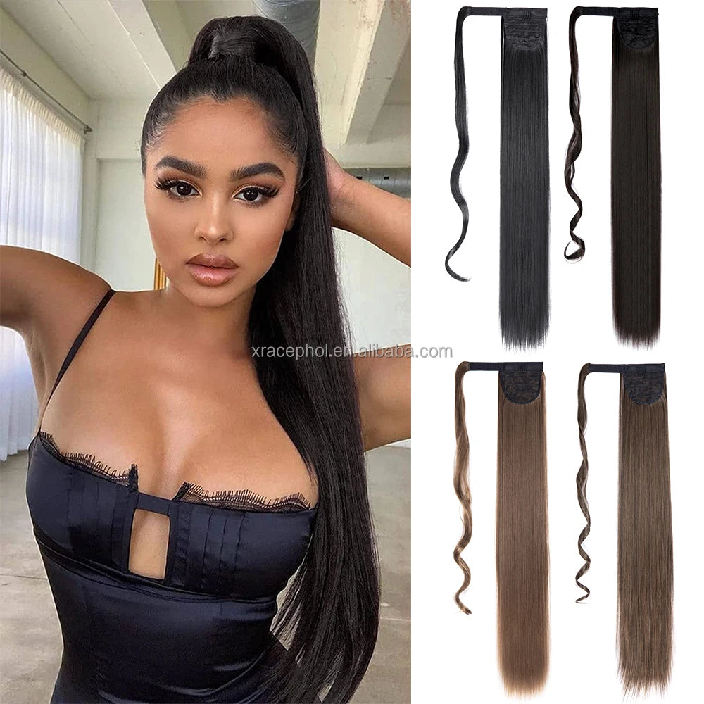 Hot Selling 34 Inches 85 cm Clip in Kinky Straight Heat Resistant Synthetic Hair Wrap Around Ponytail Easy Apply
