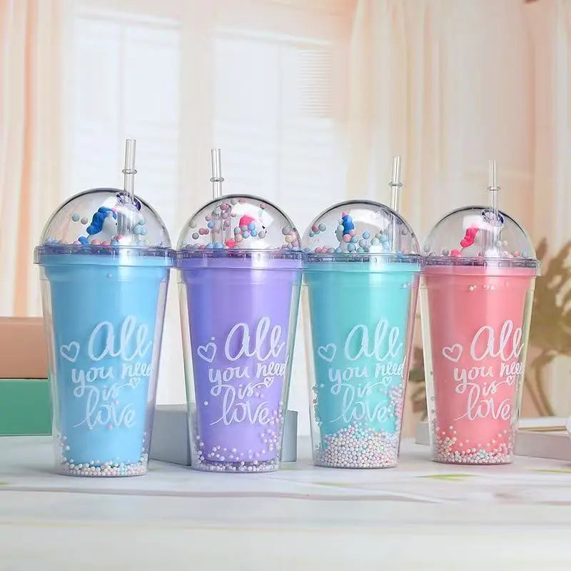 M Unicorn Sequins Water Bottle Cute Plastic Drinking Bottle with Straw Lid Boys and Girls Cartoon Water Bottles for School