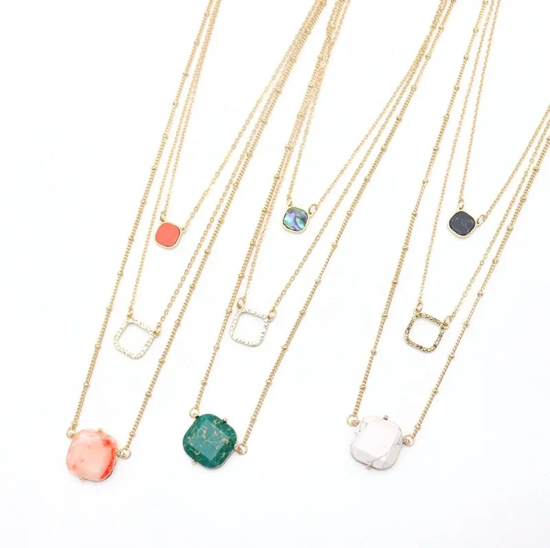 Customized Three Colors Chain Women Alloy Necklace Square Stone Inlay Multi Layer Necklace