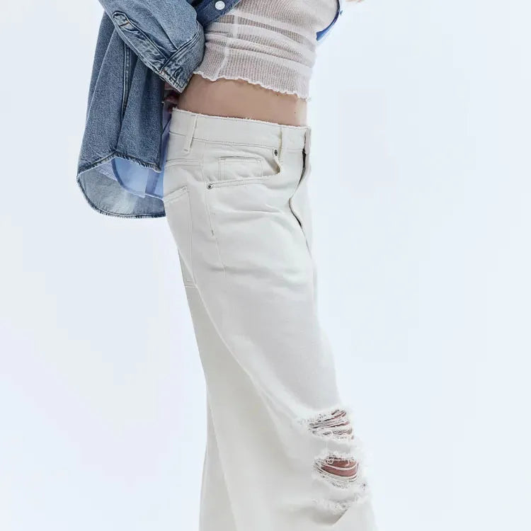Custom Fashion Heavily-distressed Cotton Wide Leg Denim Jeans for Women