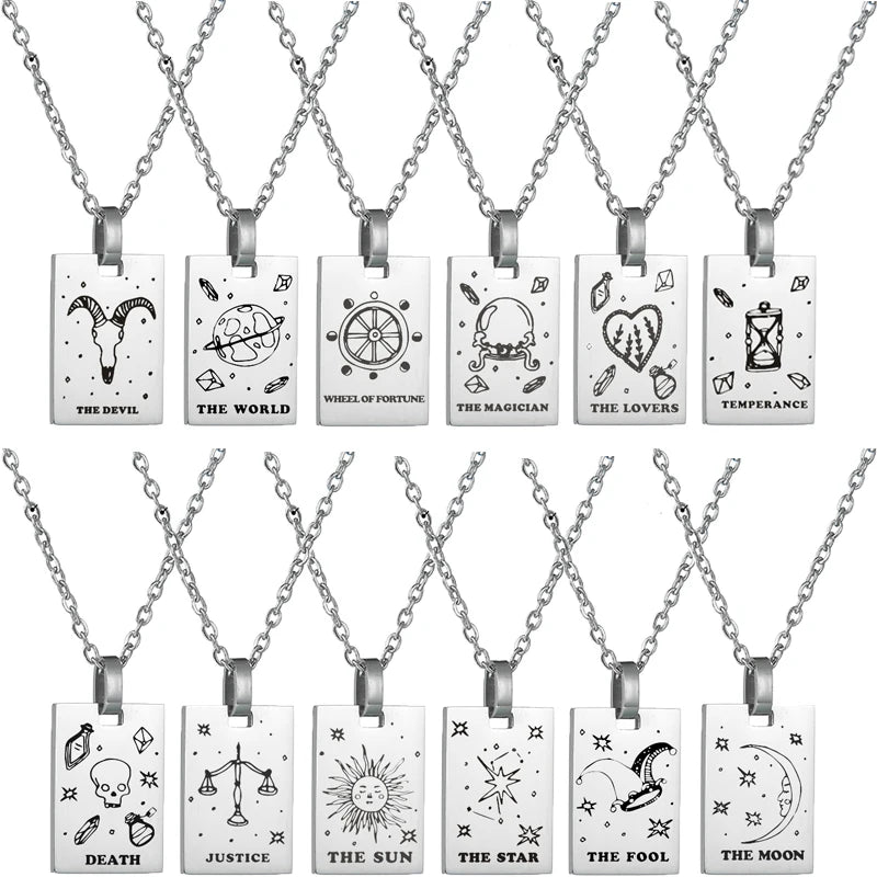 Custom Women's Stainless Steel Square Sliver Plated Sun Moon Tarot Card Constellations Pendant Necklace Religious Style Jewelry