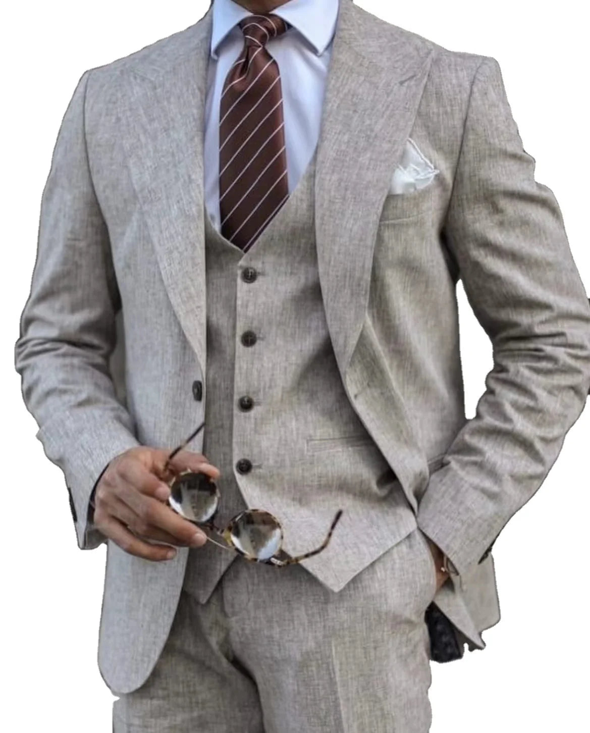 2025 Tailor-Made Grey Linen Men's Suit Bridegroom Wedding Tuxedo Single Breasted Male Blazer 3 PCS (Jacket+Vest+Pant)