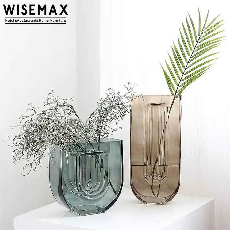 WISEMAX FURNITURE Nordic Home Decor Green Cheap Hand Make Tabletop Vase U Shape Transparent Glass Vase for Living Room