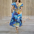 Retro Style Personalized 2023 Autumn New V-neck Puff Sleeves Multi-color Blooming Printed Midi Mid-waist Eco-Friendly Dress