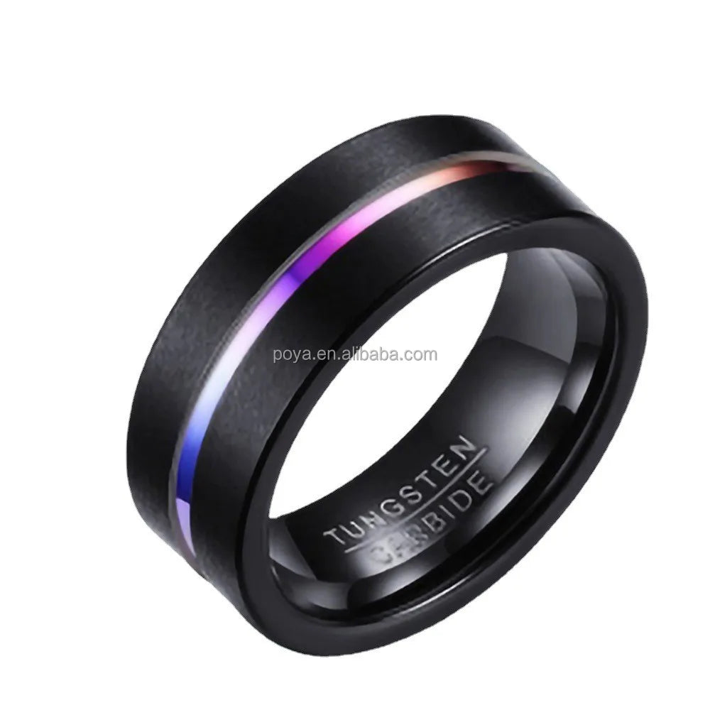 POYA 8mm Black Rainbow Tungsten Ring Classic Fashion Jewelry Unisex for Engagement Gift Anniversary Party