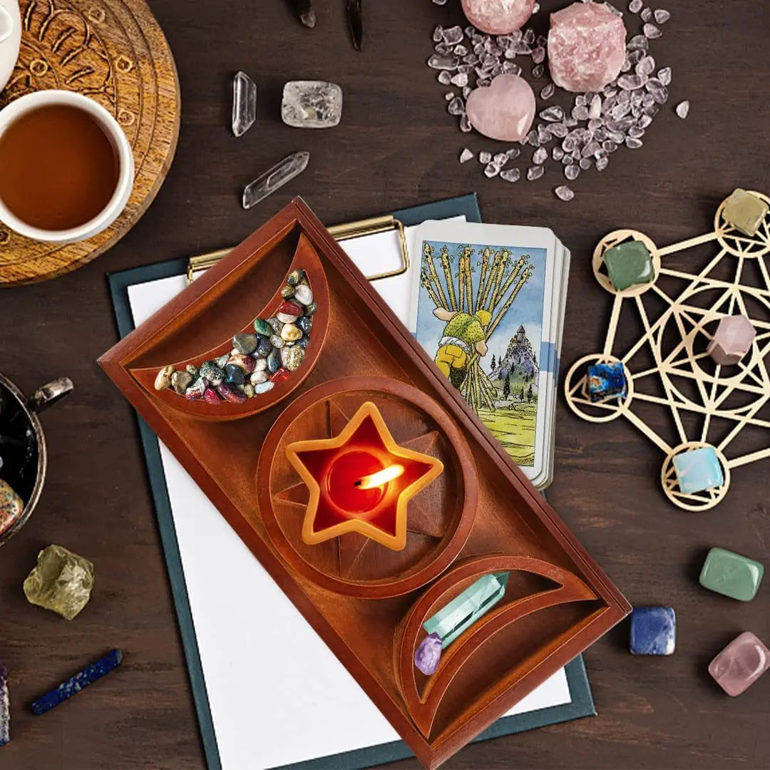 Hot Selling New Crystal Storage Box Pentagram Three-phase Moon Tarot Bracket Wooden Ornaments Divination Tools
