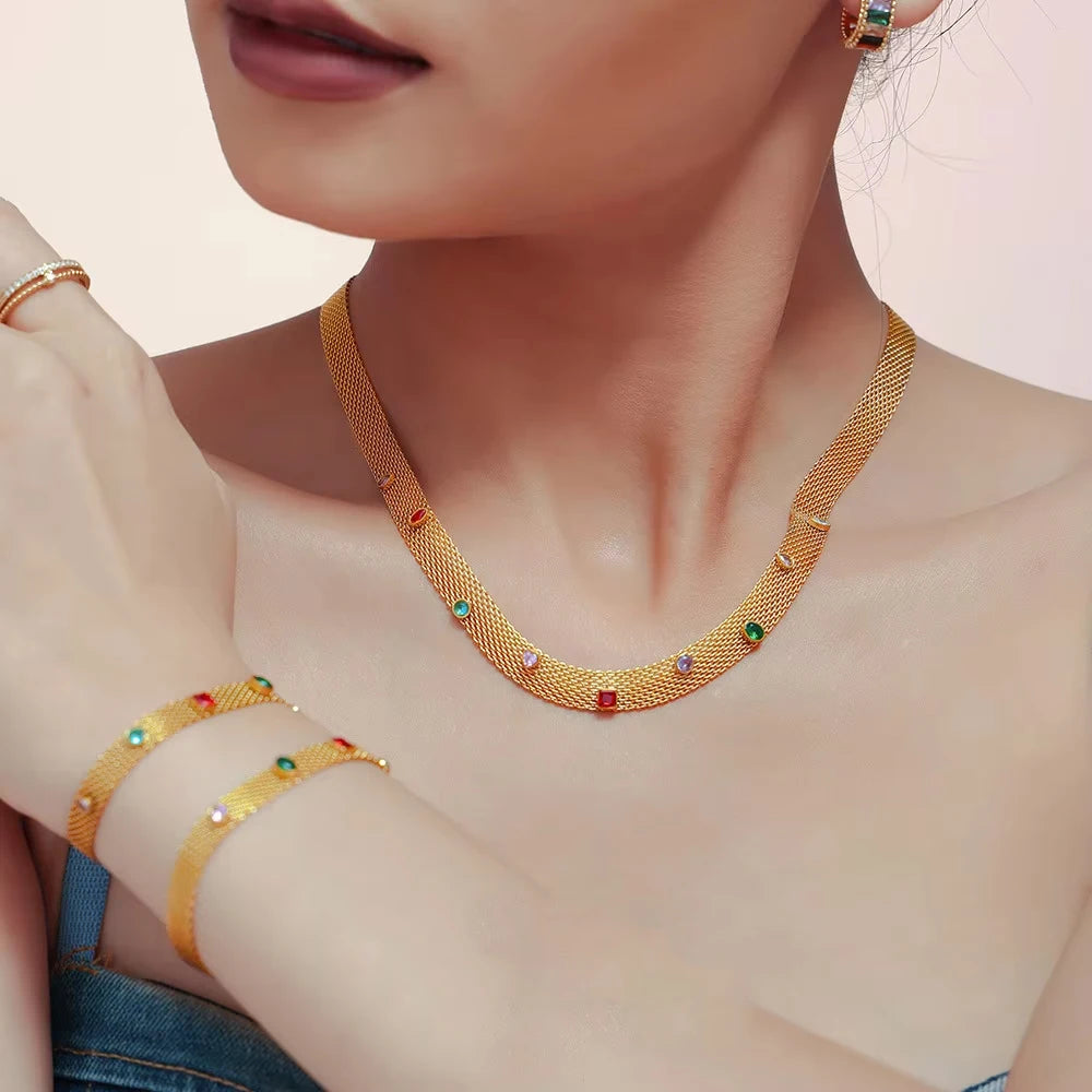 Ilona Unique Stainless Steel Fashion Jewelry Set for Women Mesh Webbing Chain Link with Zircon for Weddings Parties Wholesale