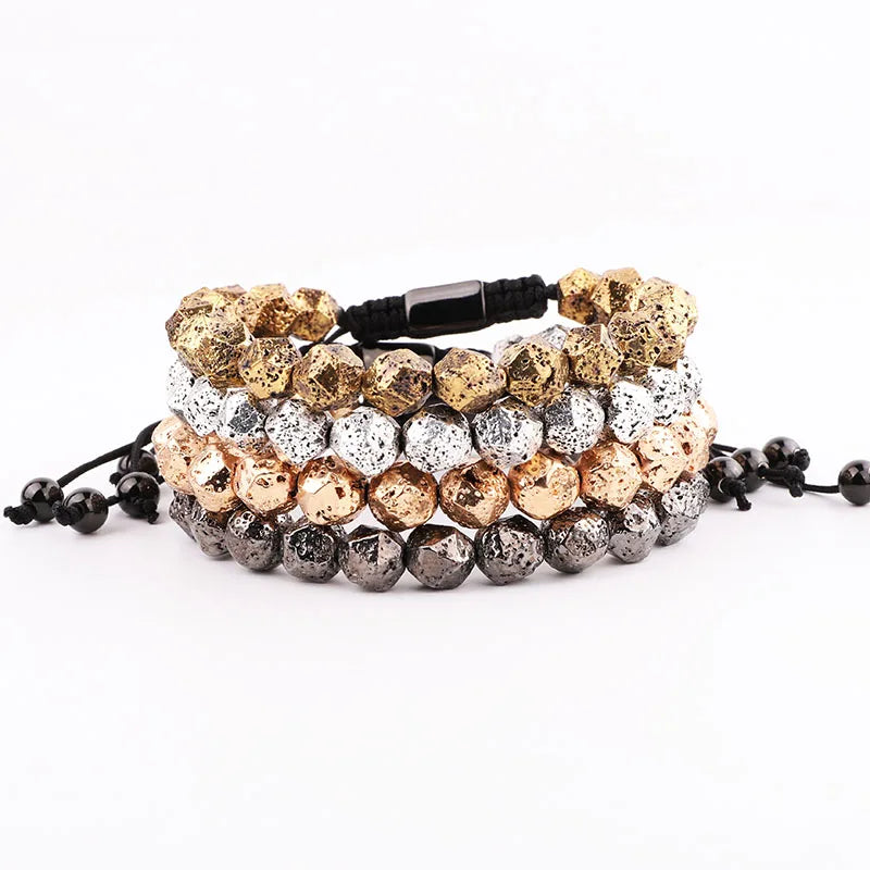 New Fashion Vintage Color Plating 8mm Faceted Lava Rock Stone Adjustable Macrame Custom Bracelet for Men Women