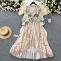 LW0633 Design Sense Cross Lace-Up V-Neck Elegant Women'S Dresses Lantern Sleeve Irregular Ruffled Printed Dress for Women