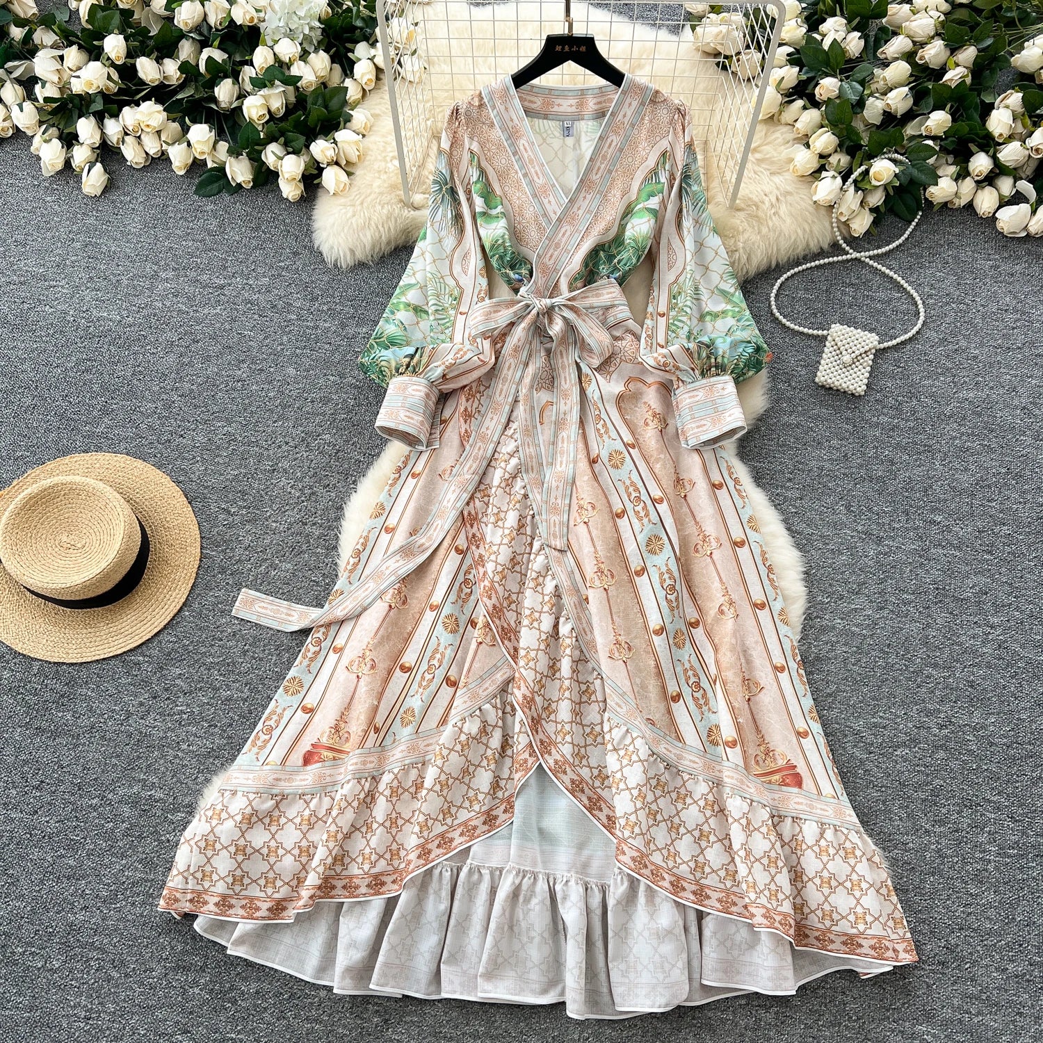 LW0633 Design Sense Cross Lace-Up V-Neck Elegant Women'S Dresses Lantern Sleeve Irregular Ruffled Printed Dress for Women