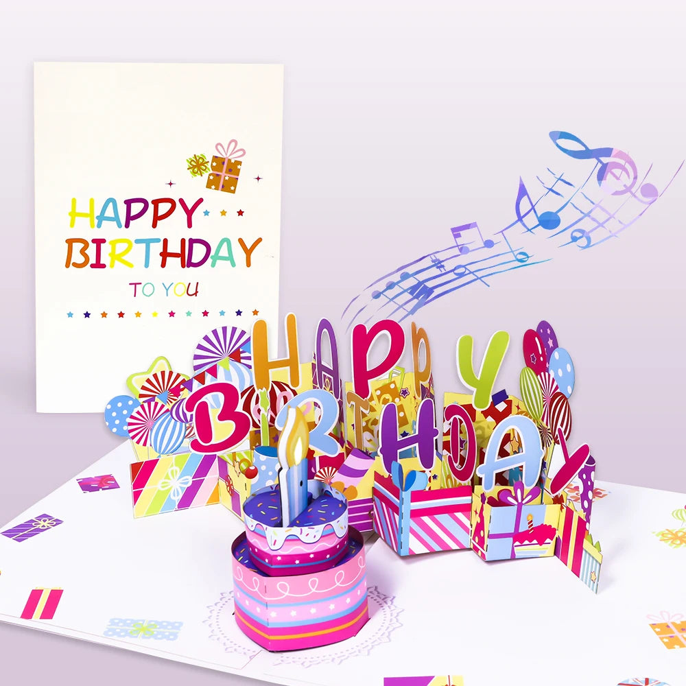 Winpsheng Wholesale Customized Music Happy Birthday 3D Laser Cut Card LED Lights Handmade Romantic Style 15x20cm BSCI Certified