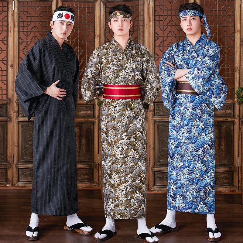 Men's Japanese Traditional Kimono Robe Long Sleeve Spa Bathrobe Easy Wearing Yukata Sleepwear