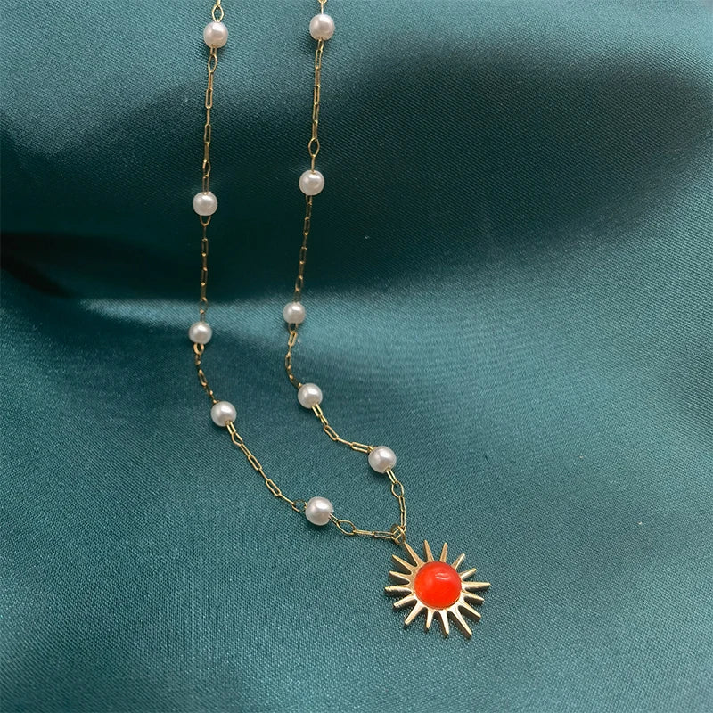 Natural Freshwater Pearl Necklace Unisex Stainless Steel Sun Shape Necklace Jewelry for Gifts Weddings Parties