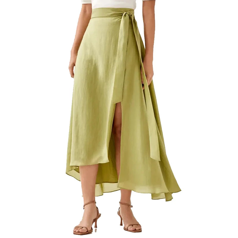 Custom High Quality Pearlescent Elastic Waist Midi Tulle Skirt Pleated Organza Layered Side Tie Flare Skirt Women Elegant