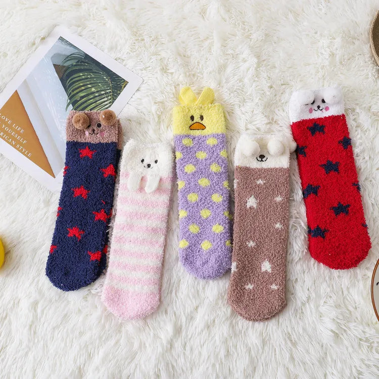 Custom Winter Socks 3d Cute Animal Pattern Dog Duck Bear Rabbit Stripe Star Lady's Coral Fuzzy Warm Winter Socks for Girls