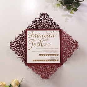Handmade Wedding Paper Invitation Set Hottest Laser Cut Burgundy Paper Cover with Gold Foil Envelopes 'Thank You' Cards